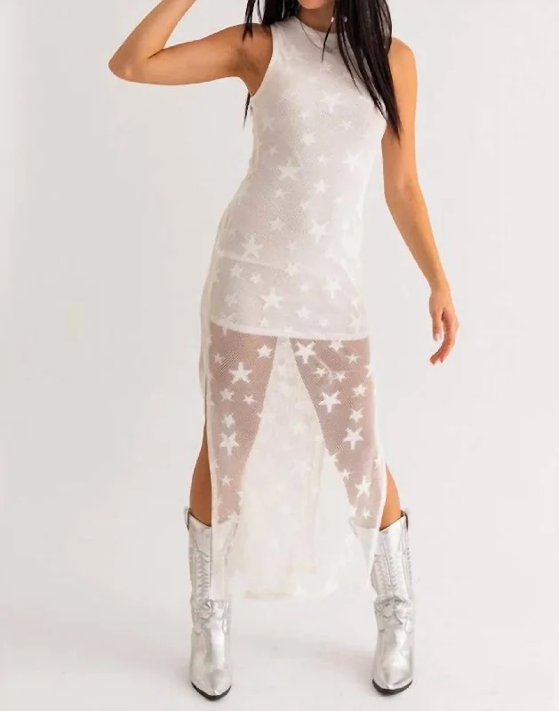 Earthy Tones Starstruck Mesh Star Print Maxi Dress In Ivory