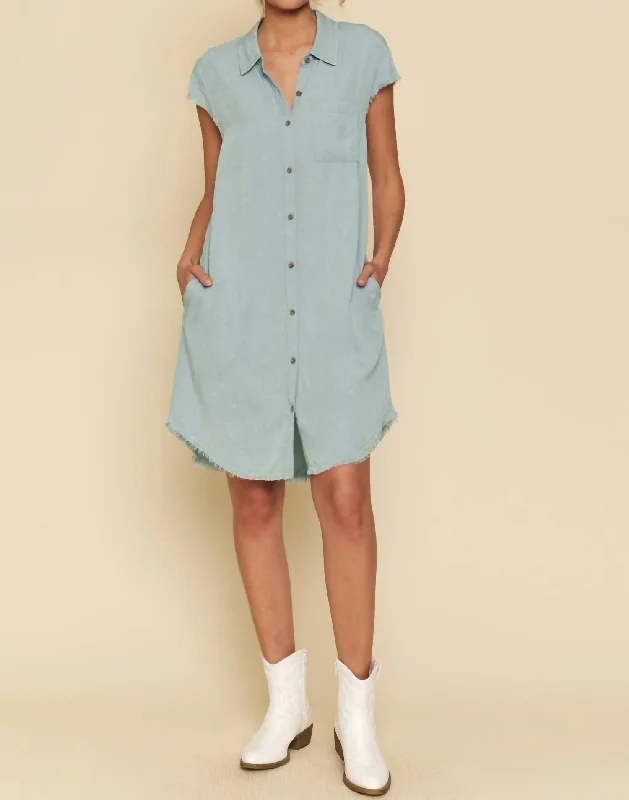 Women's Classic Outfit Frayed Edge Tencel Shirt Dress In Light Blue