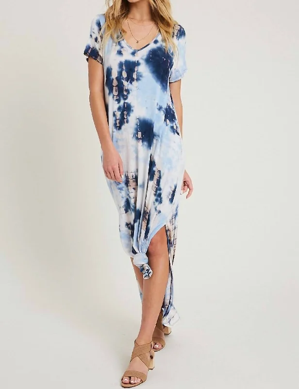 Athleisure Wear Tie Dye V Neck Tee Shirt Dress With Side Slit In Navy Wash