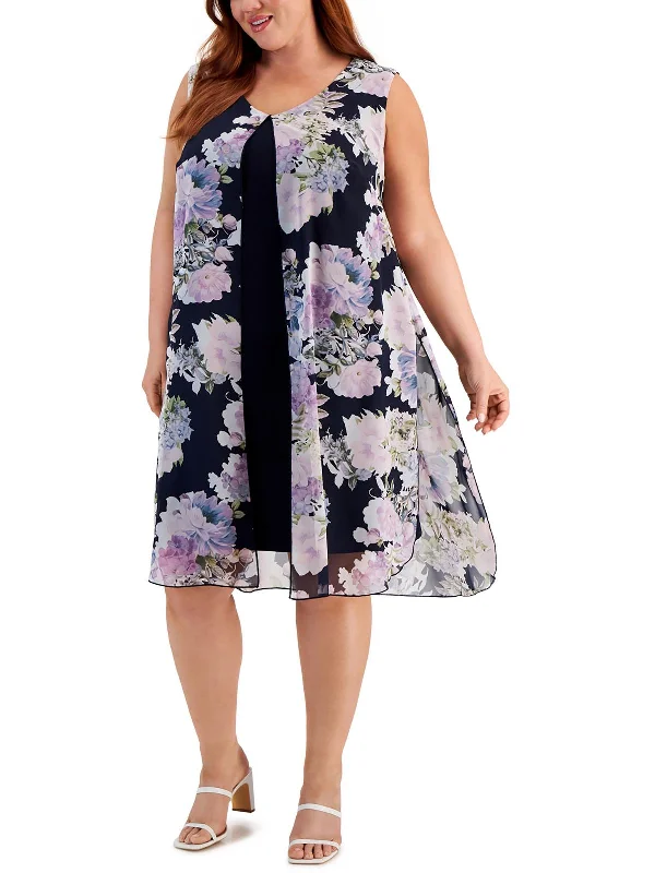 Women's Everyday Garments Plus Womens Knee-Length Floral Print Wear To Work Dress