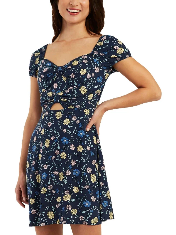 Elegant Women's Fashion Juniors Womens Floral Print Cutout Fit & Flare Dress