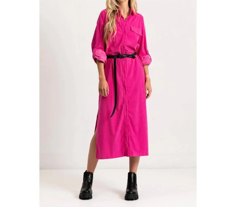 Urban Femme Streetwear Corduroy Roll Up Sleeve Shirt Dress In Pink