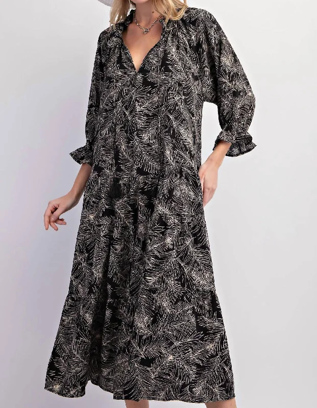 Comfortable Women's Clothes Leaf Print Cotton Poplin Ruffle Maxi Dress In Black