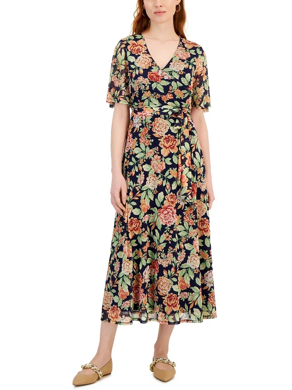 Women's High-End Clothing Petites Womens Floral Print Mesh Maxi Dress