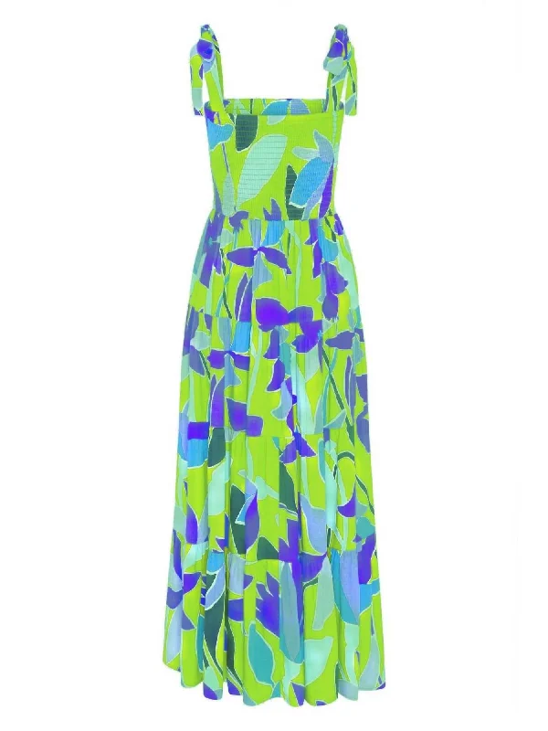 Minimalist Women's Fashion Clothing Printed Smocked Maxi Dress In Green
