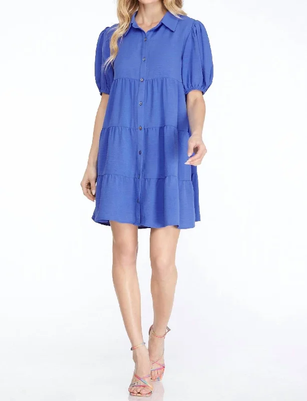 Imeless Style Short Puff Sleeve Woven Tiered Shirt Dress In Blue