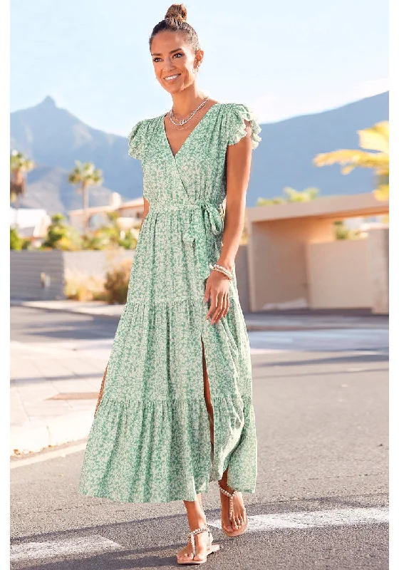 Trendy Boutique Online LASCANA Flutter Sleeve Maxi Dress Green Patterned