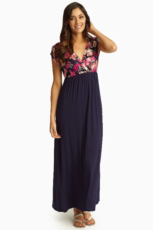 Women's High-Fashion Outfit Pink Floral Navy Draped Top Maxi Dress