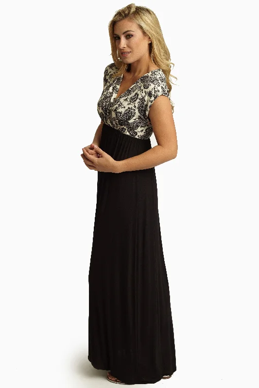 Chic Outfits Ivory Black Paisley Draped Top Maxi Dress