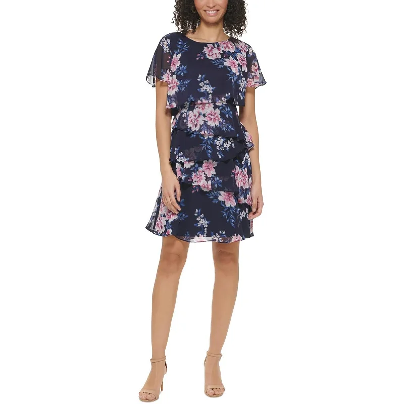 Women's Clothing For Everyday Wear Petites Womens Floral Print Tiered Wear To Work Dress
