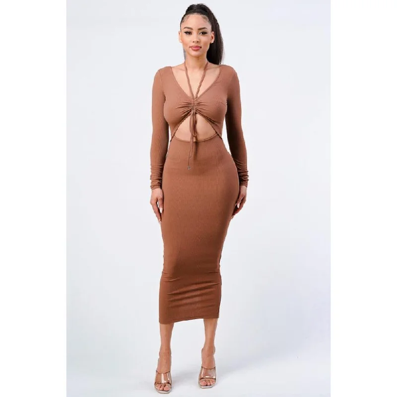 Chic Casual Style Trendy Front Shirring Cut-out Long Sleeved Dress
