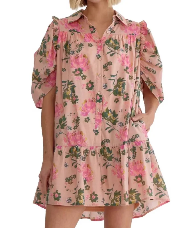 Women's Plus-Size Garments Flirty Floral Shirt Dress In Pink