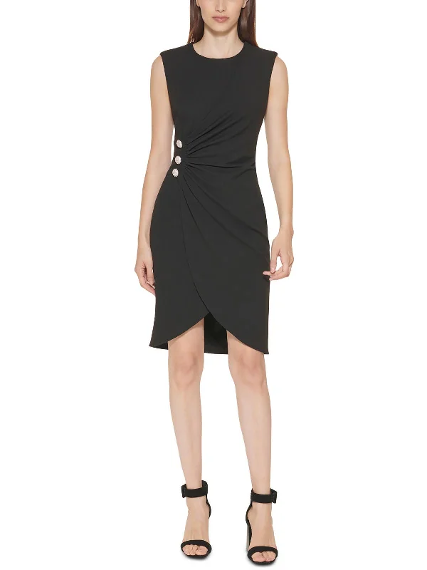 Holiday Discount Petites Womens Scuba Faux-Wrap Mini Sheath Dress