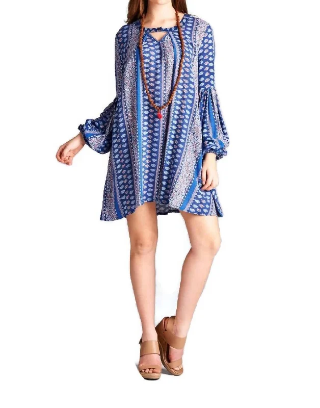 Women's Comfy Loungewear Outfit Floral & Paisley Keyhole Dress In Blue