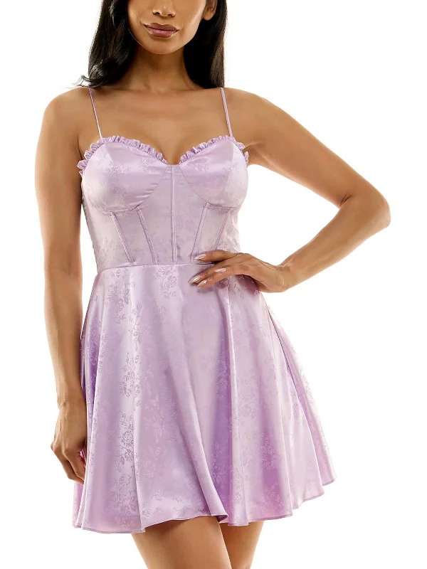 Vintage Fashion Juniors Womens Floral Satin Fit & Flare Dress