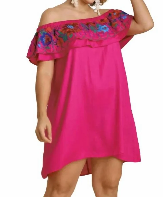 Versatile Women's Fashion Floral Embroidered Ruffled Dress In Fuchsia