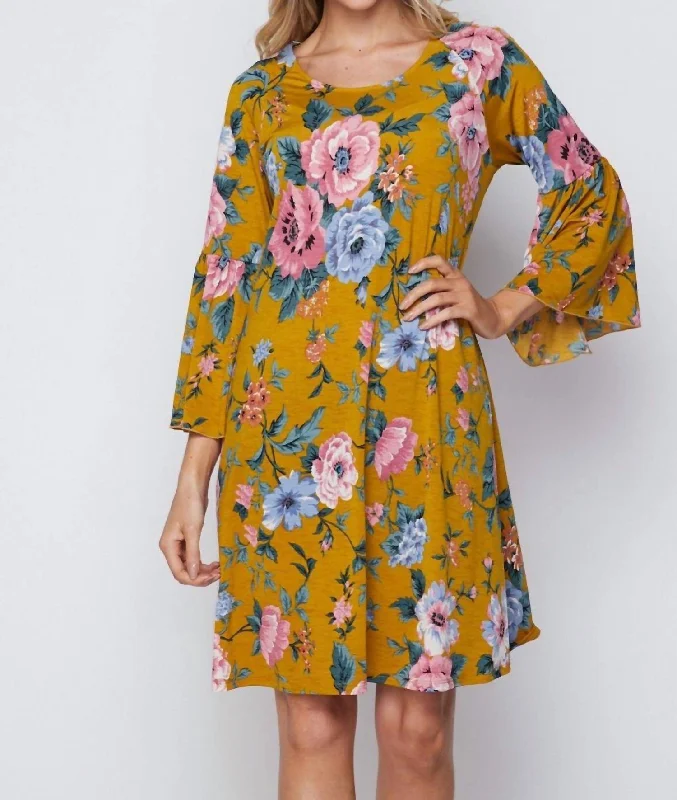 Women's Evening Clothing Floral Bell Sleeve Dress In Mustard Multi