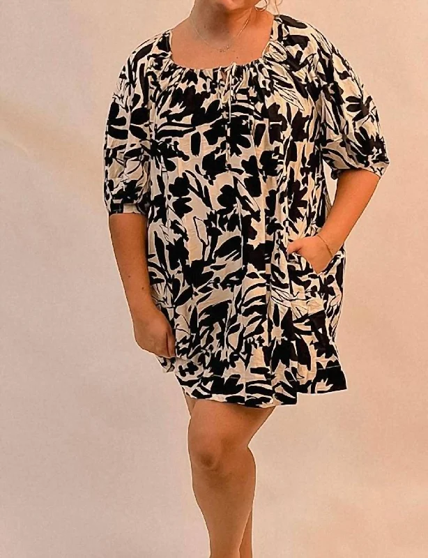 Casual Garments For Women Floral Print Dress In Black/white
