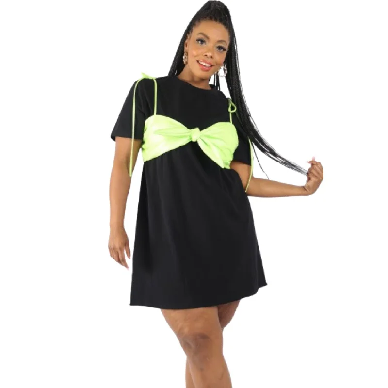 Women's Seasonal Fashion Trends Matte Pu Bra Overlay T Shirt Dress