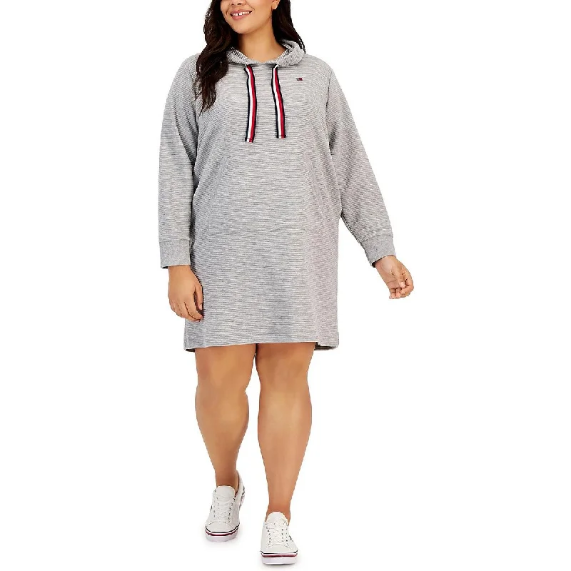 Women's High Street Fashion Plus Womens Hooded Ribbed Sweatshirt Dress