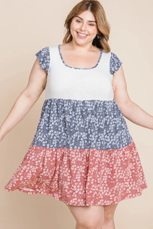 Women's Outfit Plus Size Floral Color Block Contrast Tiered Babydoll Dress