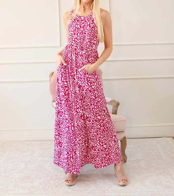 Women's Online Boutique Leopard Pattern Pocketed Sleeveless Maxi Dress In Rose