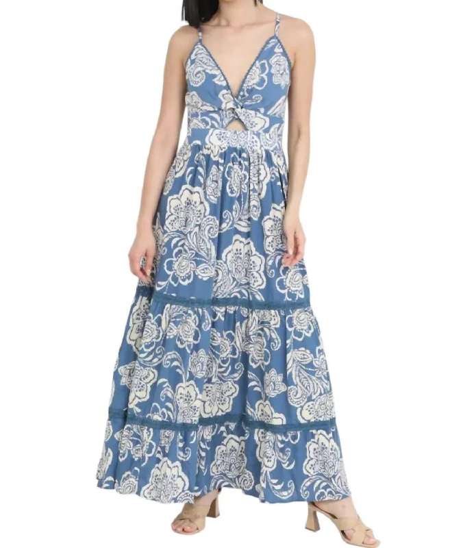 Boho Chic Fashion Floral Print Maxi Dress In Blue/cream