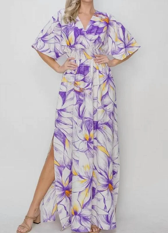 Stylish Women's Outfit Floral Short Sleeve Maxi Dress In Purple
