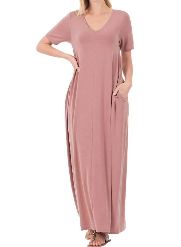 Stylish Savings V-Neck Short Sleeve Maxi Dress In Light Rose