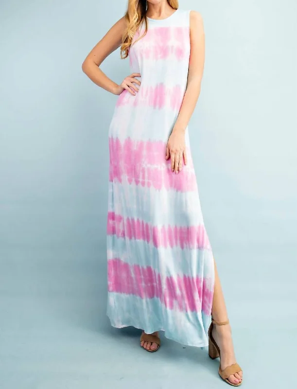 Casual Garments For Women Jersey Tie Dye Maxi Dress In Aqua And Pink