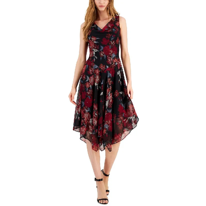 Glamorous Evening Wear Petites Womens Handkerchief Hem Floral Fit & Flare Dress
