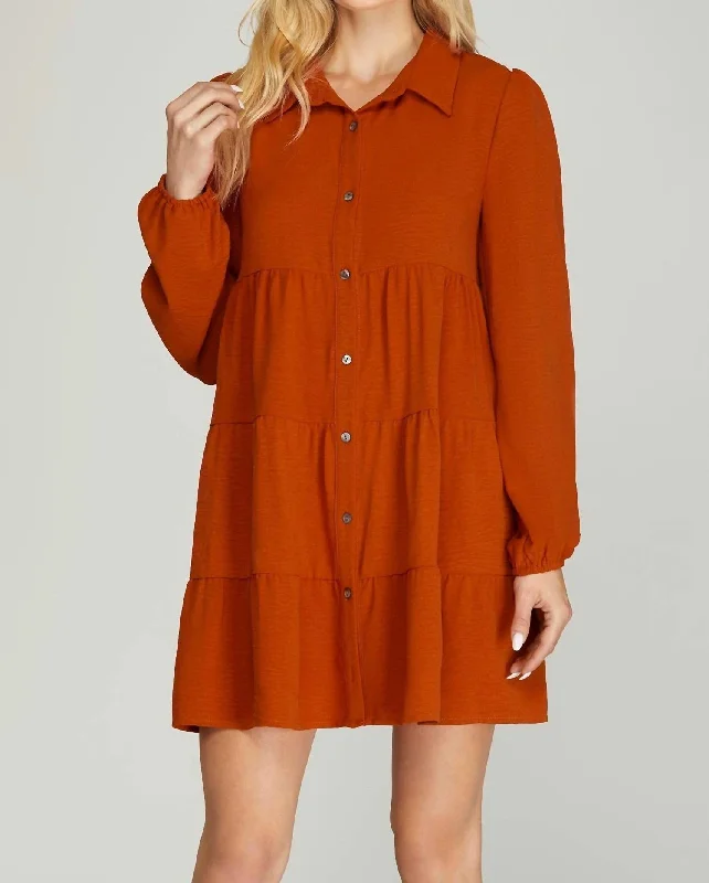 Vintage Fashion Long Sleeve Tiered Button Down Dress In Pumpkin