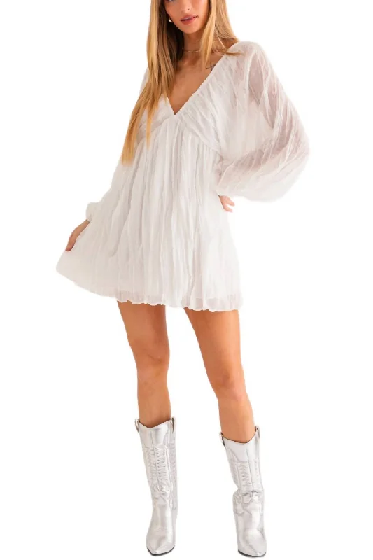 Women's Holiday Clothes Sheer Long Sleeve Above Knee Dress In White
