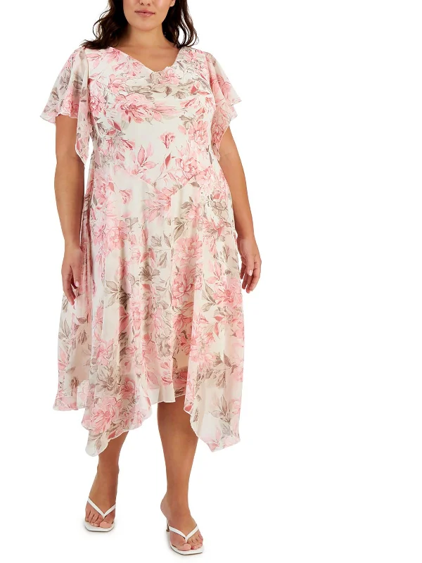 Free Spirited Fashion Plus Womens Floral Print Chiffon Maxi Dress