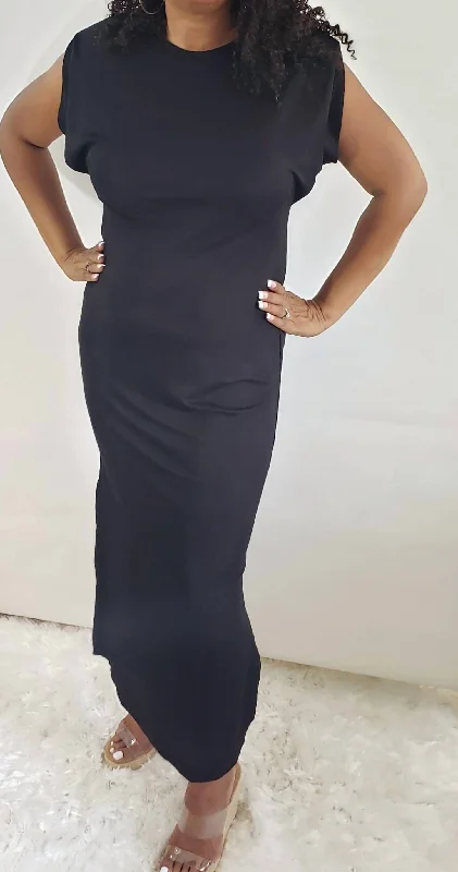 Unique Women's Fashion Pieces Shoulder Pads Maxi Dress In Black