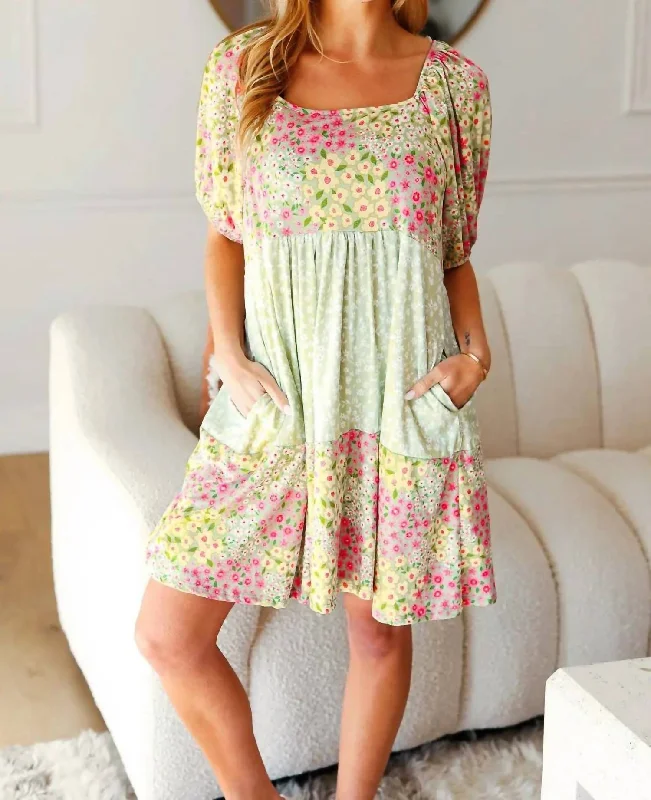 Women's Holiday Clothing Happy Trails Sage Floral Color Block Square Neck Dress