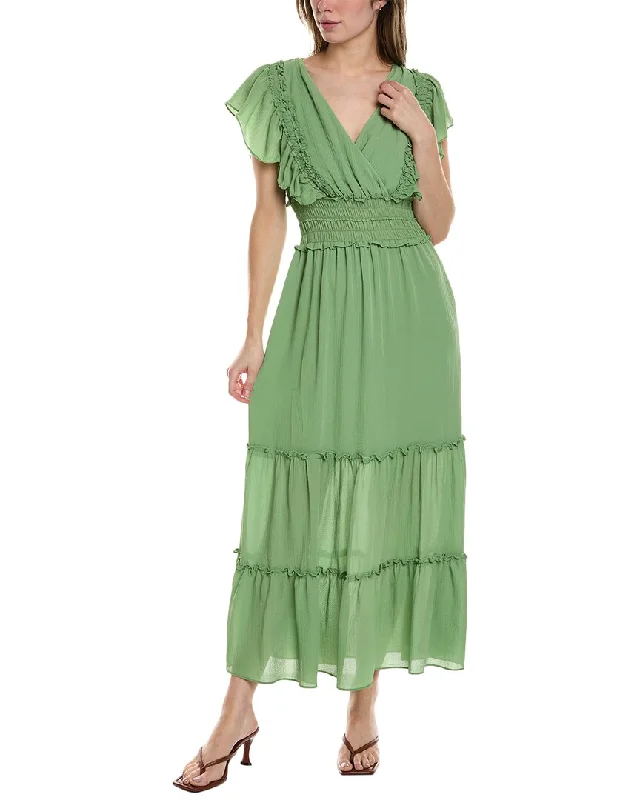 Women's Chic Outfit Max Studio Crepe Flutter Sleeve Smocked Maxi Dress