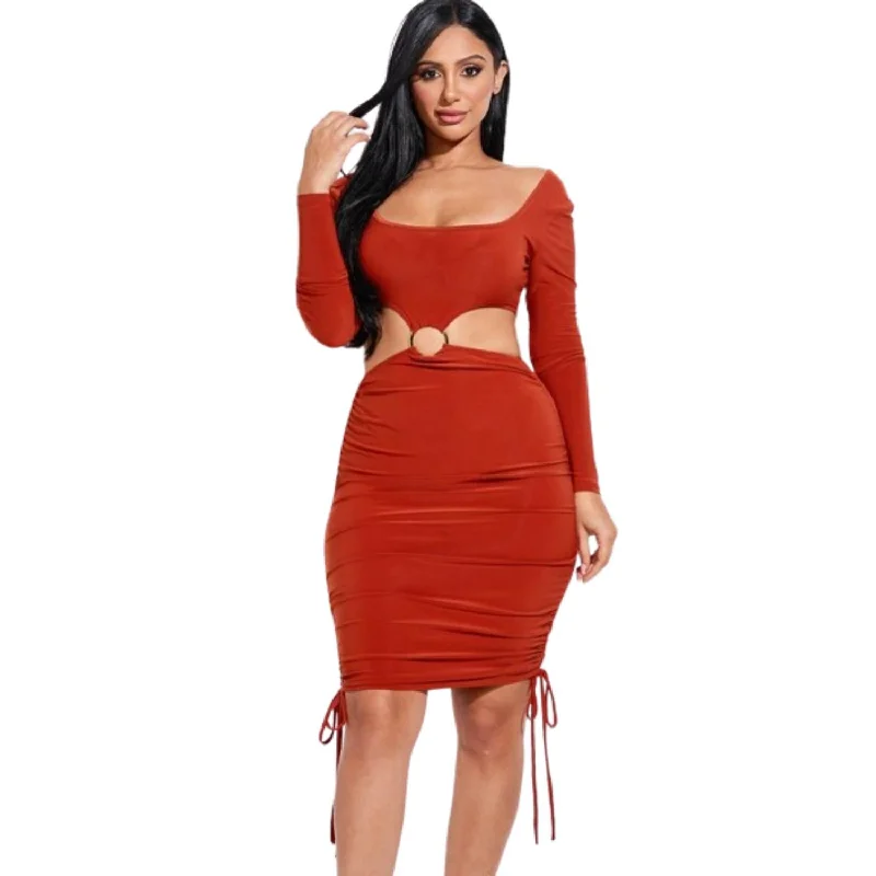 Luxury Fashion Solid Long Sleeve Ruched Short Dress With O Ring