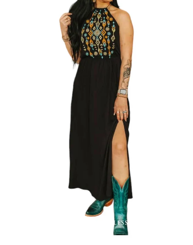 Imeless Style Embroidered Halter Maxi Dress In Black