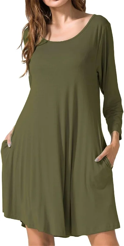 Modern Women's Fashion with Vintage Touches Long Sleeve With Pocket Dress In Green
