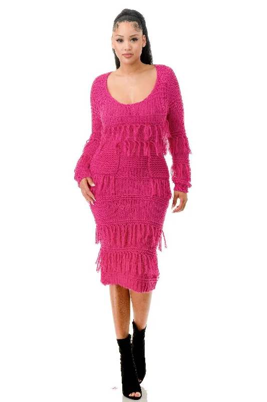 Women's Trendy Casual Outfit FASHNZFAB Women's Knit Long Sleeve Fringe Dress