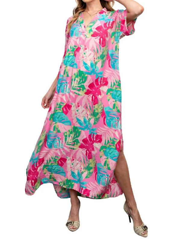 Women's Vacation Outfit Set Tropical Print Peach Blossom Maxi Dress In Bubble Gum