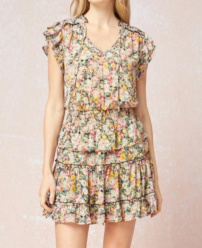 Plus-Size Women's Clothing Floral Smocked Tiered Dress In Yellow And Mauve