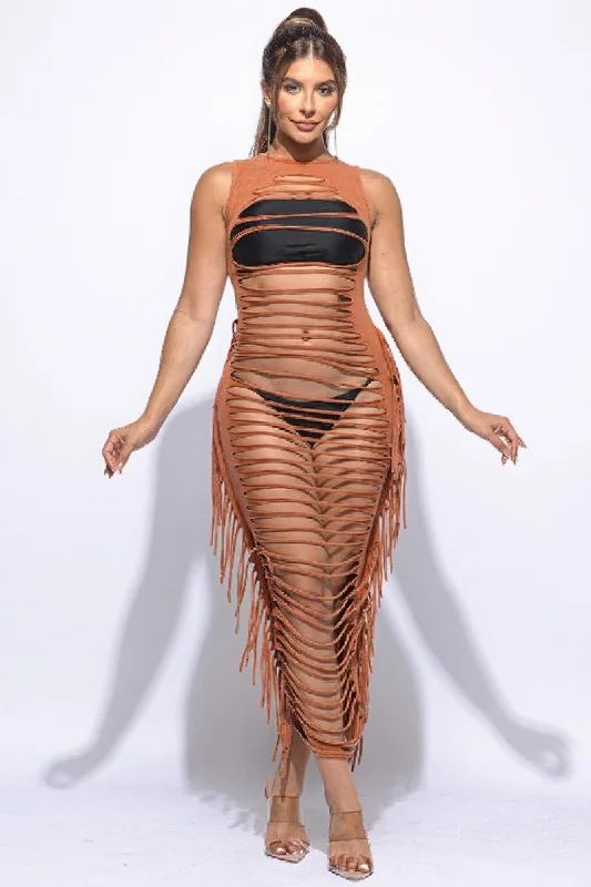 Women's Vintage-Inspired Clothing Fringe Cut Out Maxi Dress
