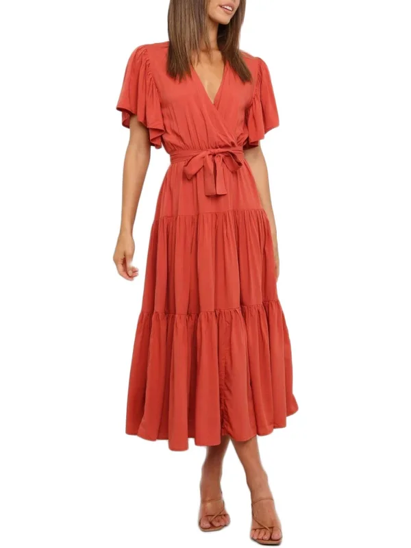 Elegant Styles Womens Surplice Flutter Sleeves Maxi Dress