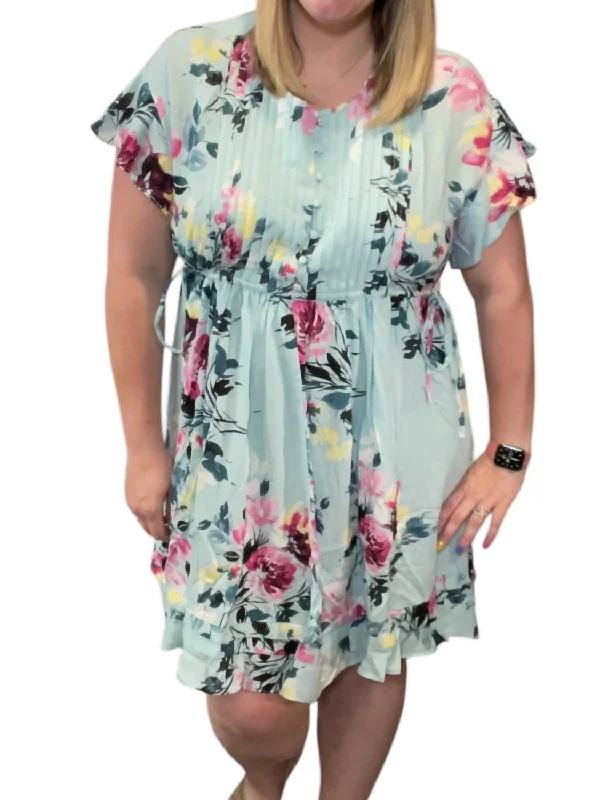 Stylish Savings Floral Pintuck Dress In Sage Green