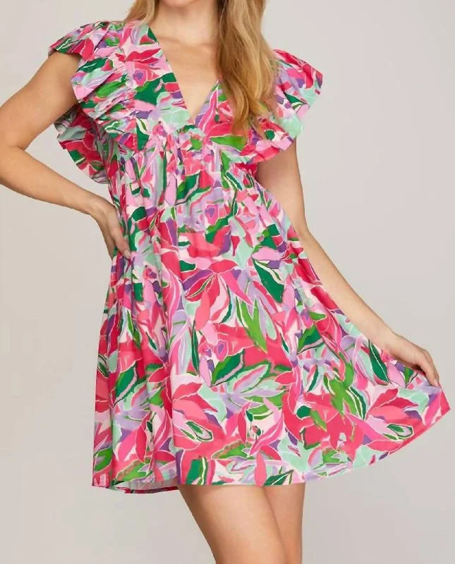 Graceful Fashion V-Neck Ruffle Sleeve Dress In Pink Floral