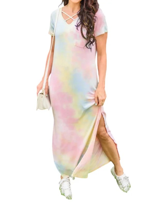Chic Women's Clothing for Date Nights Crossing Over Tie Dye Maxi Dress In Pink