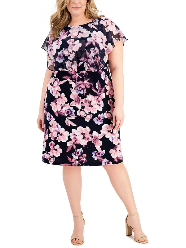 Boho Chic Fashion Plus Womens Floral Print Knee-Length Wear to Work Dress