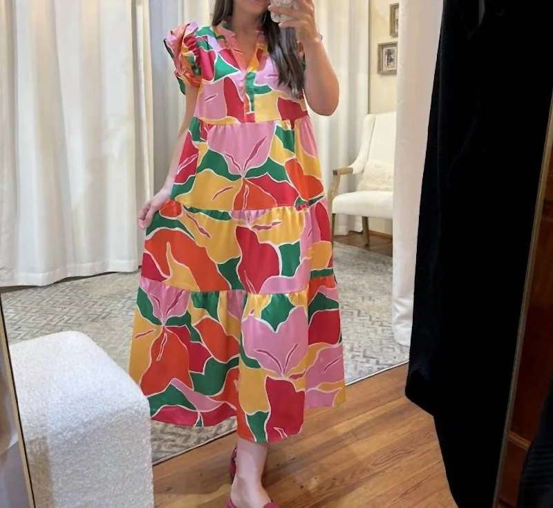 Women's Transitional Outfit Satin Abstract Tiered Dress In Floral